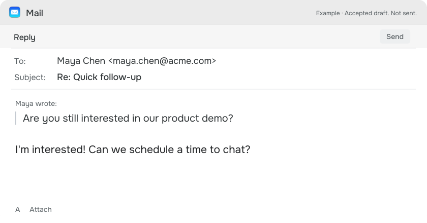 Mail illustration showing the accepted reply in the draft. The popup is gone, and the email has not been sent.