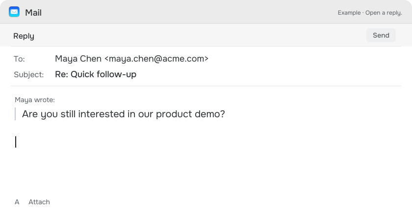Mail illustration showing Maya's product-demo question above an empty reply area.