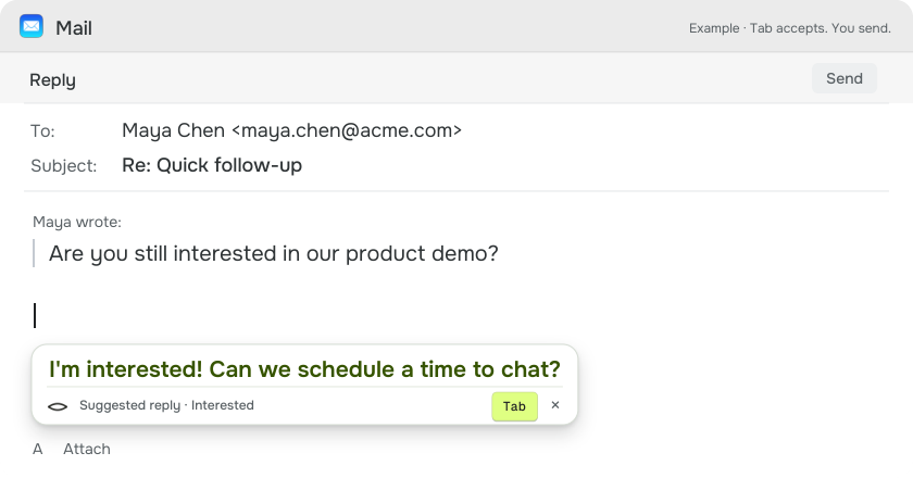 Mail illustration with a BlinkWrite popup suggesting: I'm interested! Can we schedule a time to chat? The draft is still empty.