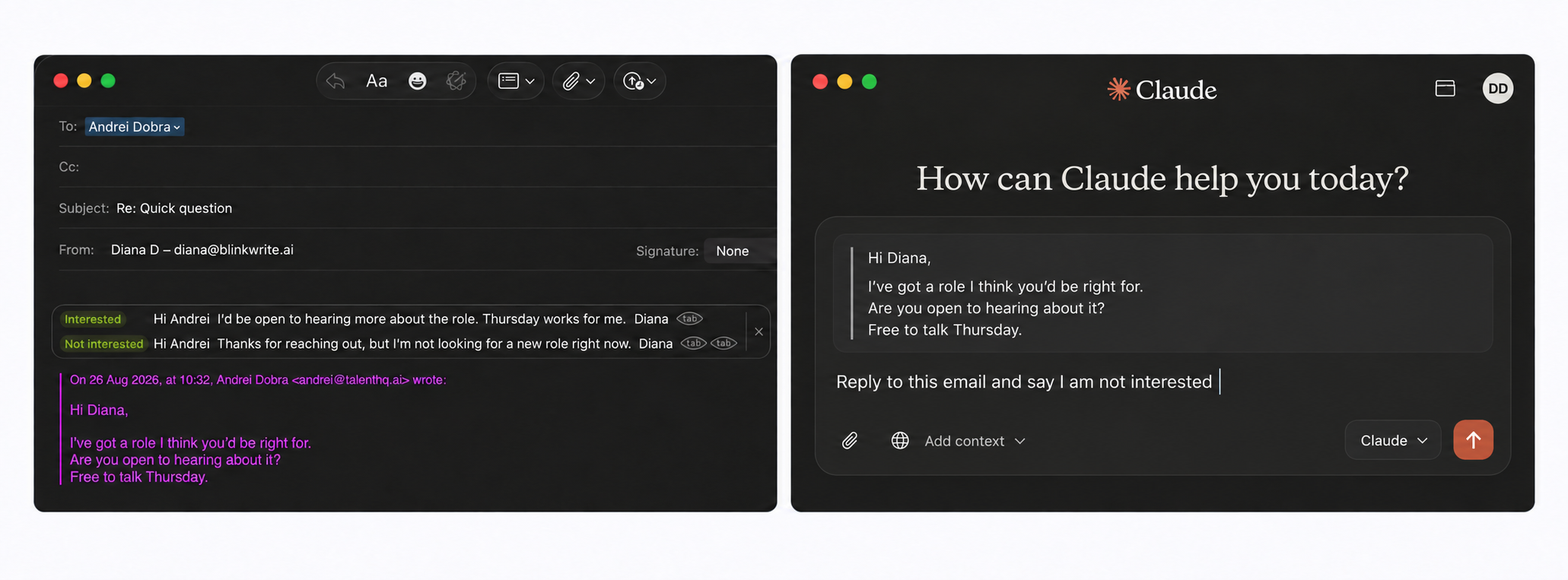 Side-by-side comparison: BlinkWrite automatically offers Interested and Not interested replies inside Apple Mail, while Claude requires the email and a reply instruction in a separate prompt