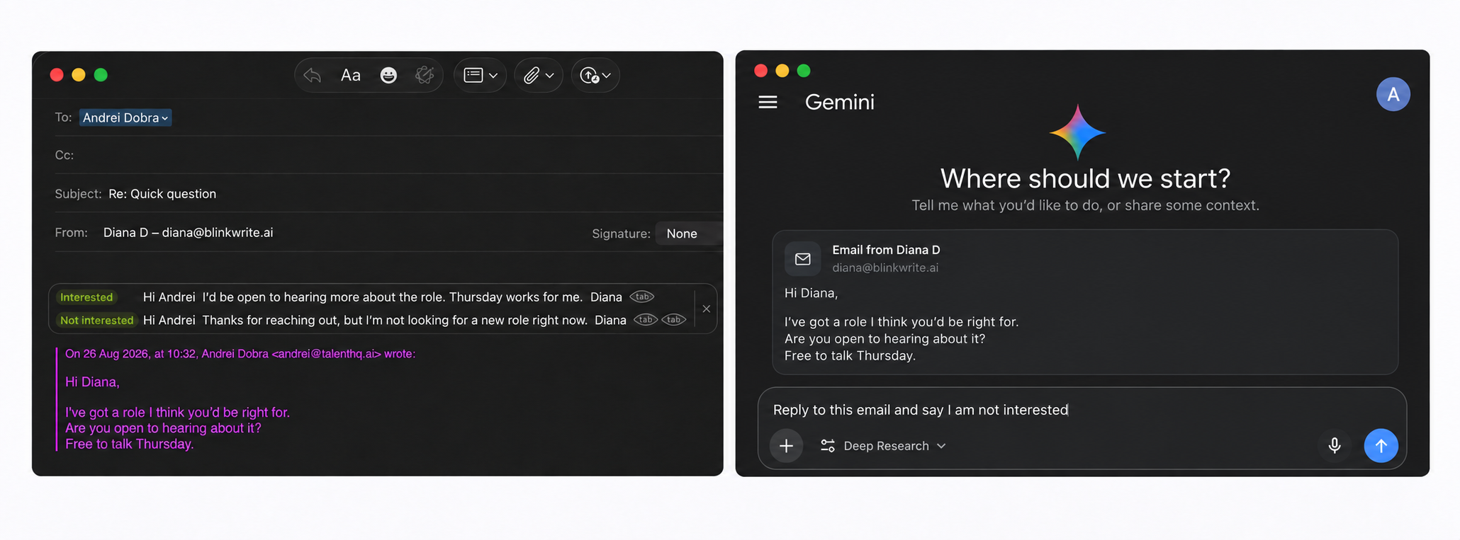 Side-by-side comparison: BlinkWrite automatically offers Interested and Not interested replies inside Apple Mail, while Gemini requires the email and a reply instruction in a separate prompt